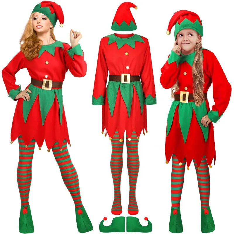 Disfraz de Navidad para Adultos, Disfraz de Navidad para Niños, Conjunto de Elfo Navideño, Combinación de Colores Rojo y Verde, Disfraz de Cosplay