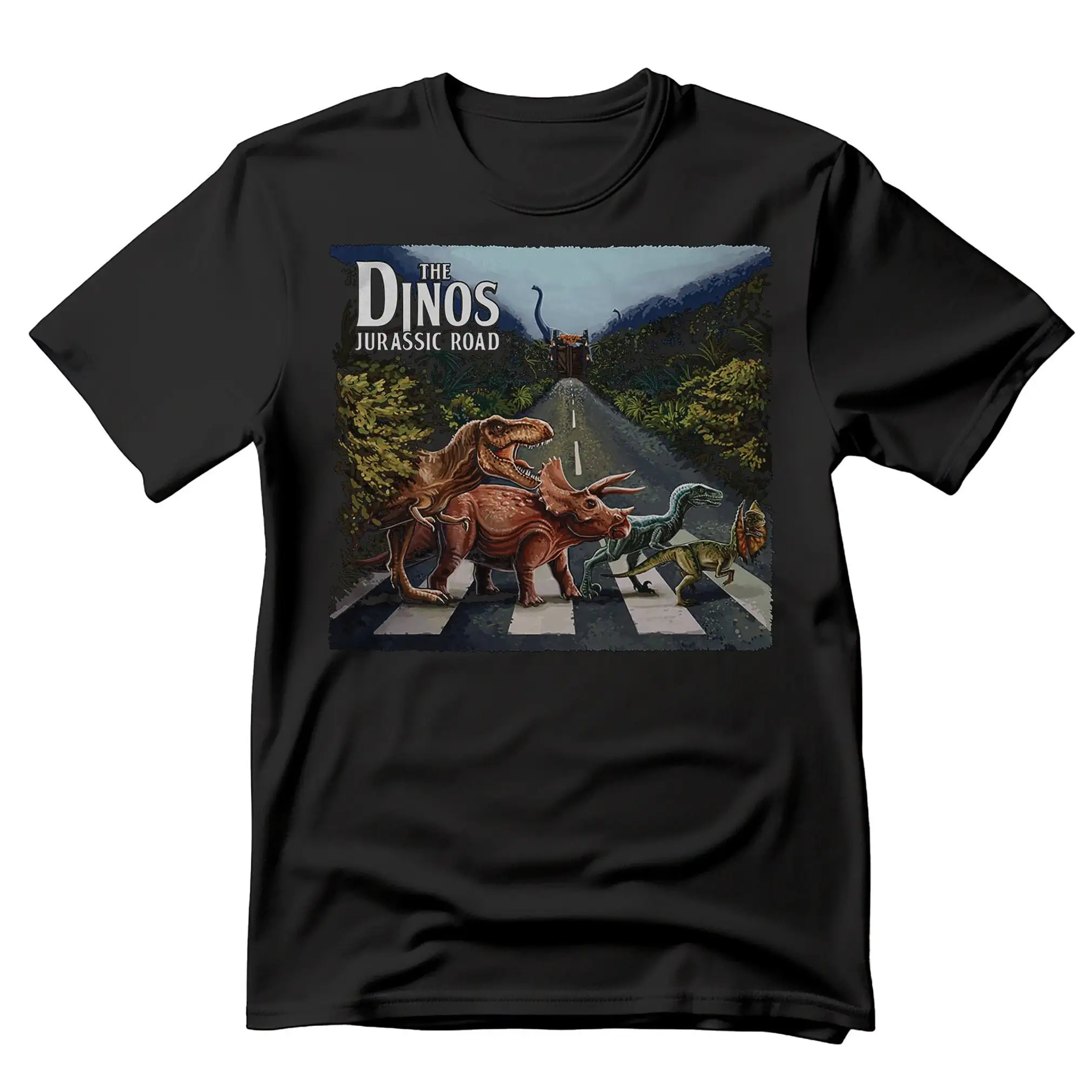 Camiseta The Jurassic Road Dinosaur Park All Genders Black Rex Dino temática para hombres y niñas