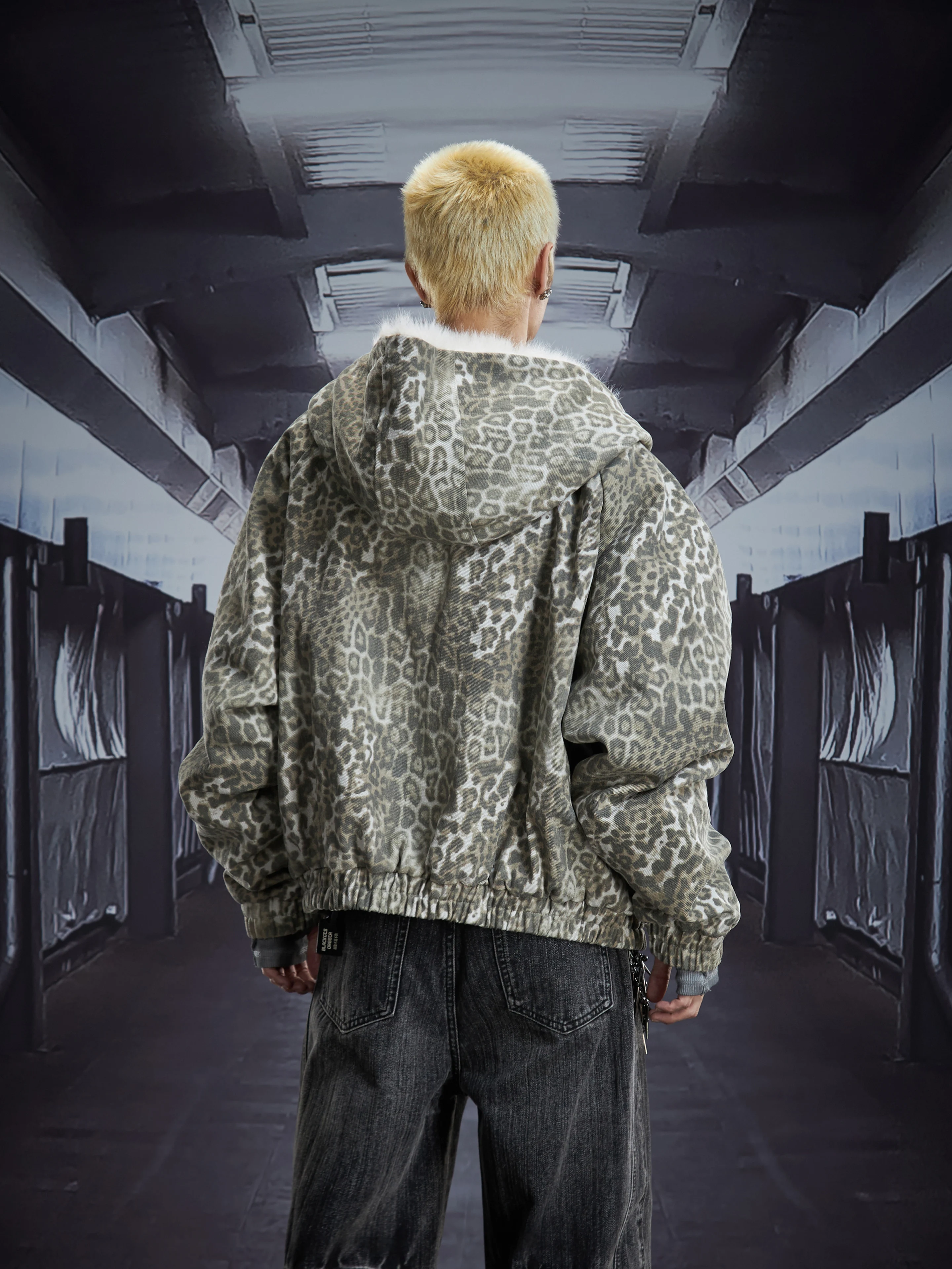 Washed and Worn Leopard Print Short Wide Hooded Fur Cotton Padded Thickened Coat Jacket Cotton-Padded