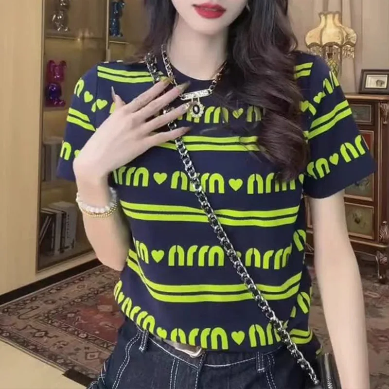 

Women Clothing Letter Striped Printed Loose T-shirt Summer Vintage Fashion Casual O-neck Tops Chic New Pullovers