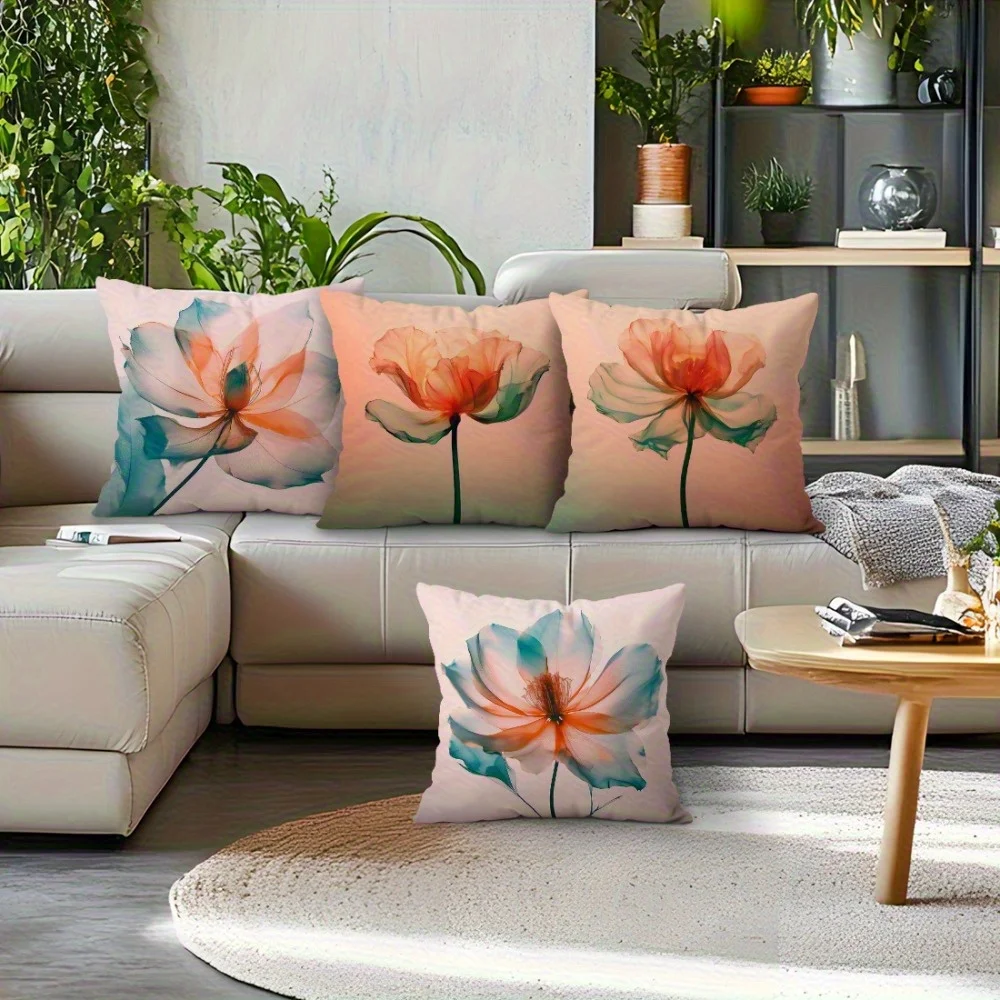 Transparent Watercolor Flower Throw Pillow Covers, Delicate Gradient Lotus & Poppy Print Cushion Cases, Fresh Boho Home Decor