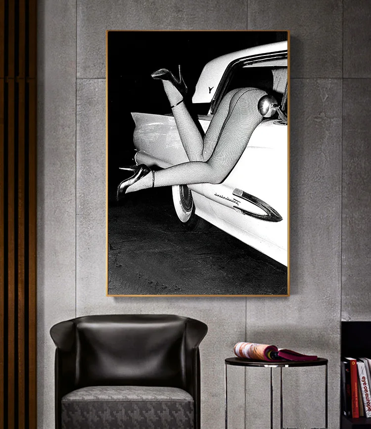 Beautiful Woman Car Sexy Nude Body Black White Poster Print Wall Art Pictures Canvas Painting Living Room Bedroom Home Decor