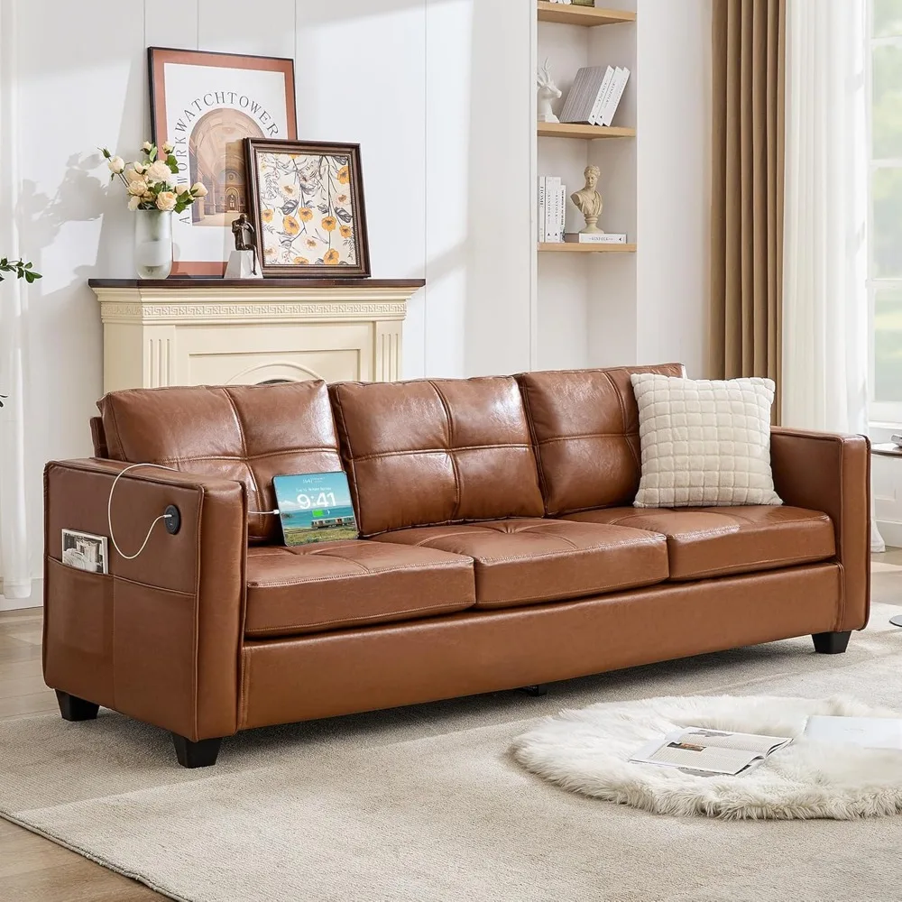

88" W Brown Faux Leather Sofa Couches for Living Room, Mid-Century Modern Tufted Comfy Small Loveseat w/USB and Wide Arms, 3 Se