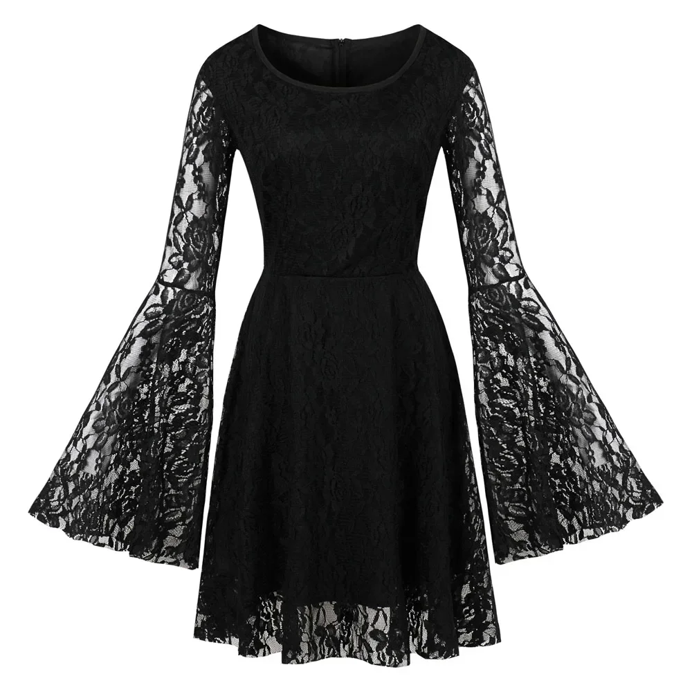 Women Sexy Lace Halloween Goth Punk Dress Long Flare Dress 2024 Vintage Retro Victorian Steampunk Gothic Black Mini Party Dress