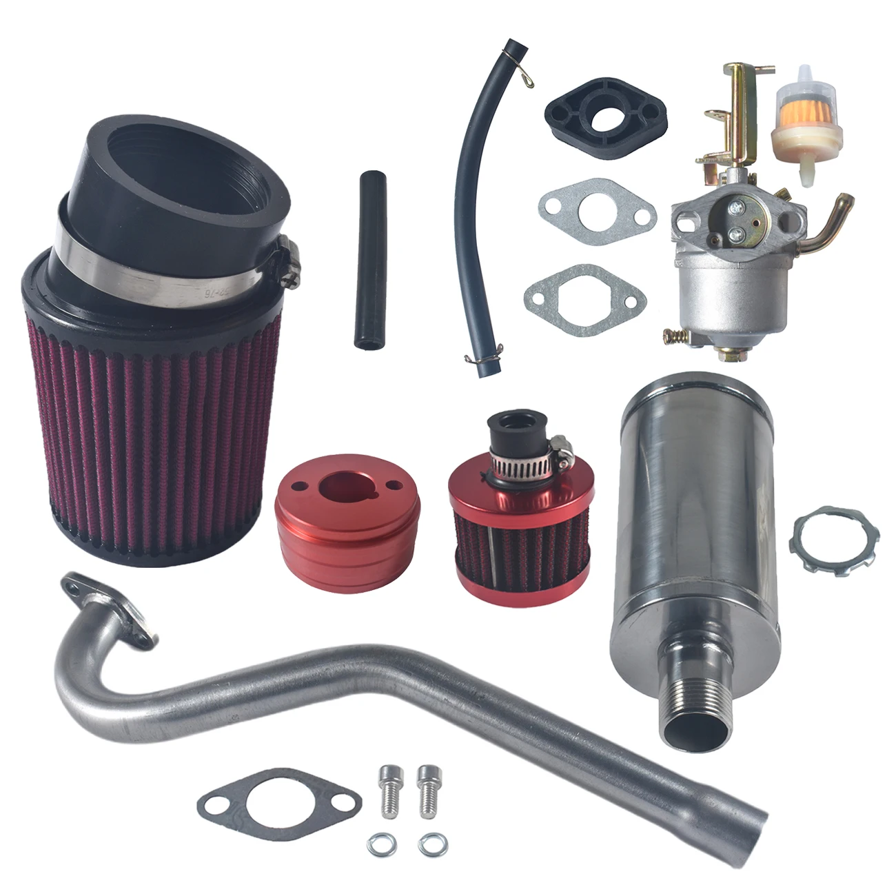 Carburador de rendimiento con adaptador de filtro de aire rojo, Kit de silenciador para motor Coleman CT100U CC100X 98cc Predator 79cc 3HP