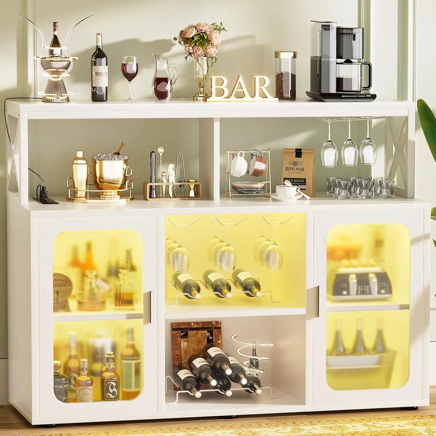 Bar Cabinet with Power Outlet LED Lights Glass Holders Storage Buffet Coffee Wine Racks Home Kitchen White, Customized