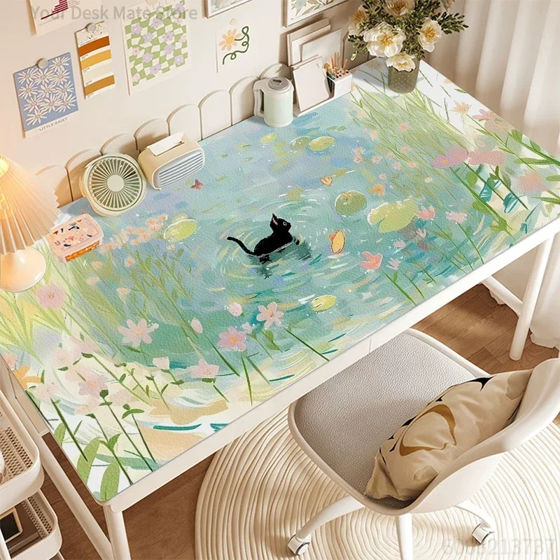 Fresh Cute Kawaii Cat Creative Waterproof Leather Mouse Pad | Large Student Writing Desk Mat for Summer Office Computer Durable