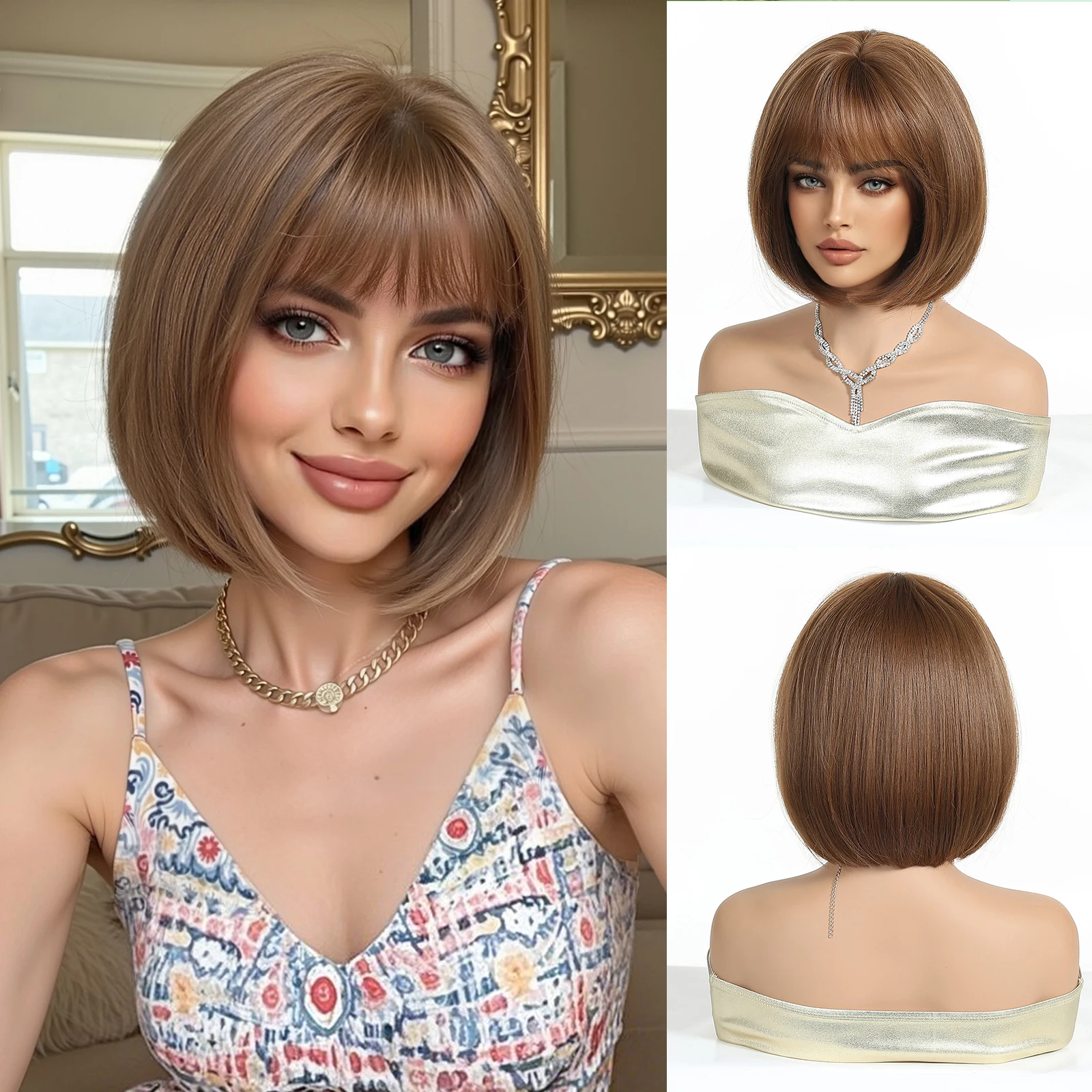 ALAN EATON Short Brown Wig for Women Use Natural Straight Synthetic Hair Bob Wigs with Bang Party Daily Heat Resistant Fiber