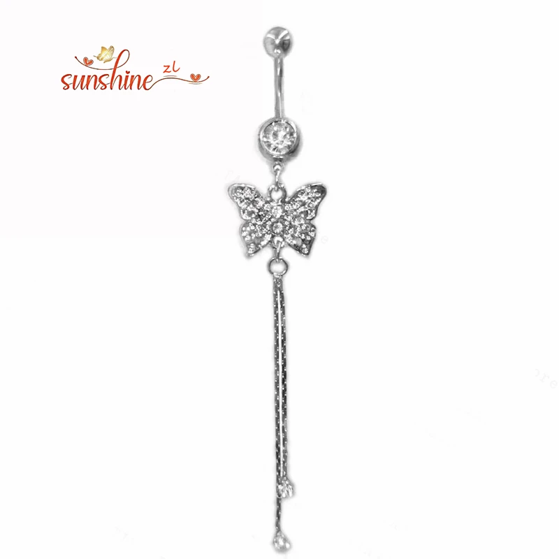 14G Long Dangled Belly Button Rings Stainless Steel Buttefly-Knot Heart Pearl Belly Piercing Nombril for Women Body Jewelry