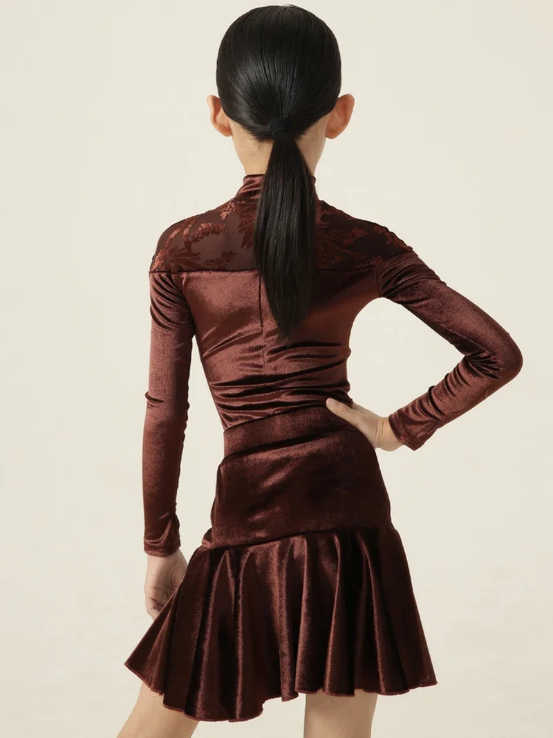 Jupes à volants en velours café pour enfants, robe de danse moderne, spectacle de compétition, Costume de danse Standard National pour filles