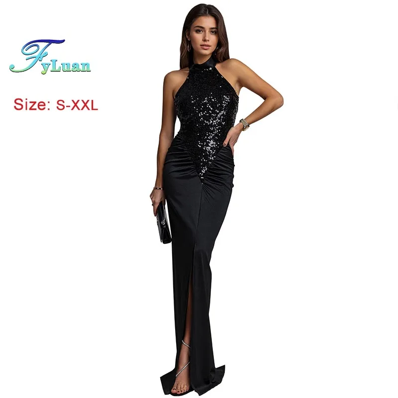 Abito da cena alla moda Abbigliamento donna Abito lungo senza maniche Abito lungo sexy slim tinta unita con decorazione di paillettes Abito da ballo da sera