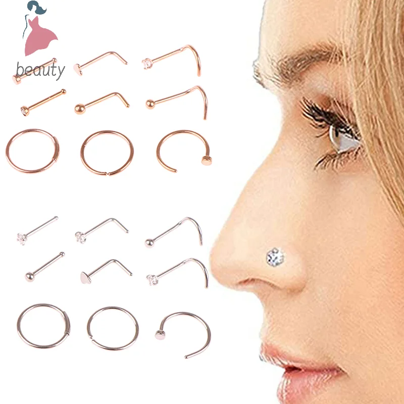 Stainless Steel Heart L Shape Nose Rings And Studs Set Indian Nose Piercing Stud Set Nostril Pin Crystal Cute Nose Studs Jewelry