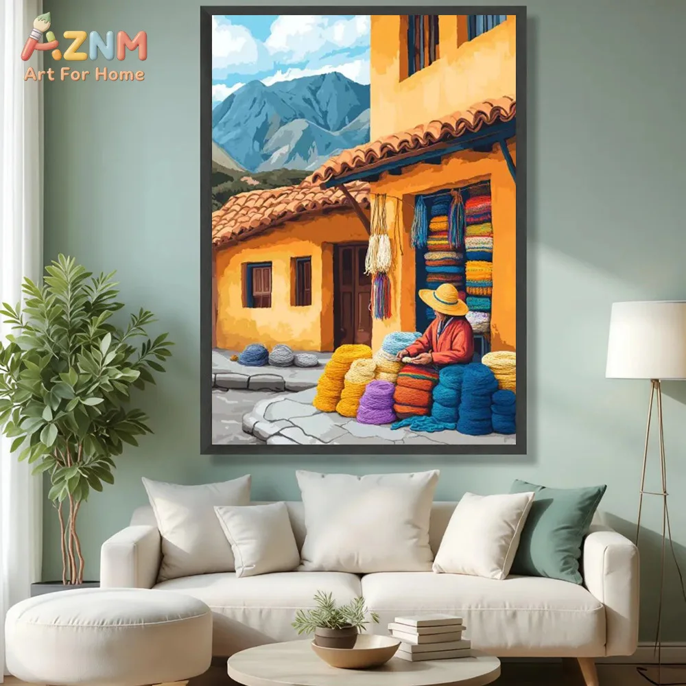 AZNM Andean Folk Market Canvas Wall Art, Vibrant Latin America Village Street Landscape Painting, Boho Style Canvas Poster for H