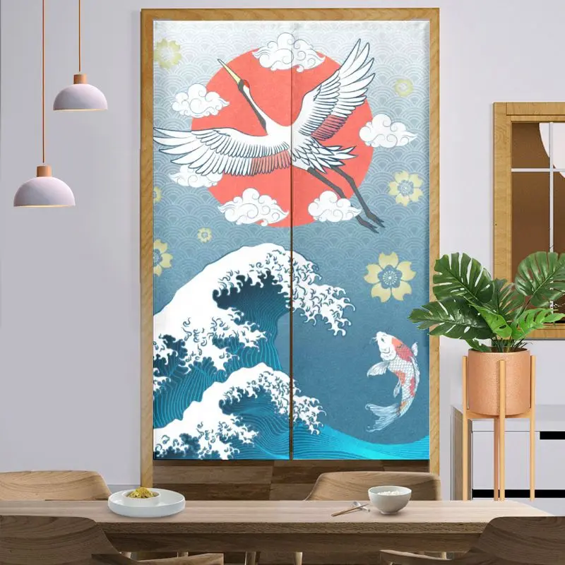 Ukiyo-e Crane and Koi Japanese Half-Door Curtain, Privacy Divider Curtain with Wave and Auspicious Cloud Print, Home Decor