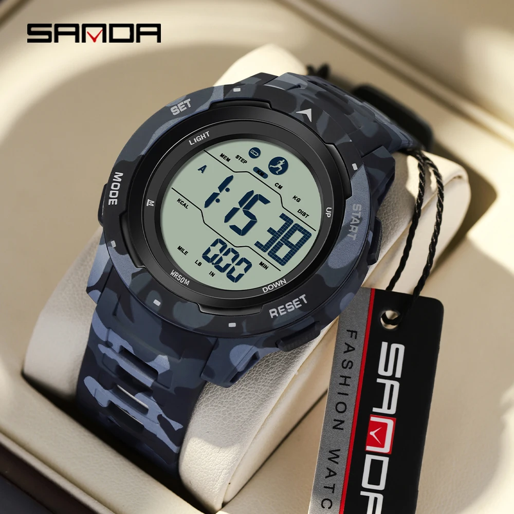 Sanda 2186 Topmerk Militair Mam Horloge Sport Loopband Hot Fashion Waterdichte Led Digitale Calorie Stappenteller Alarm