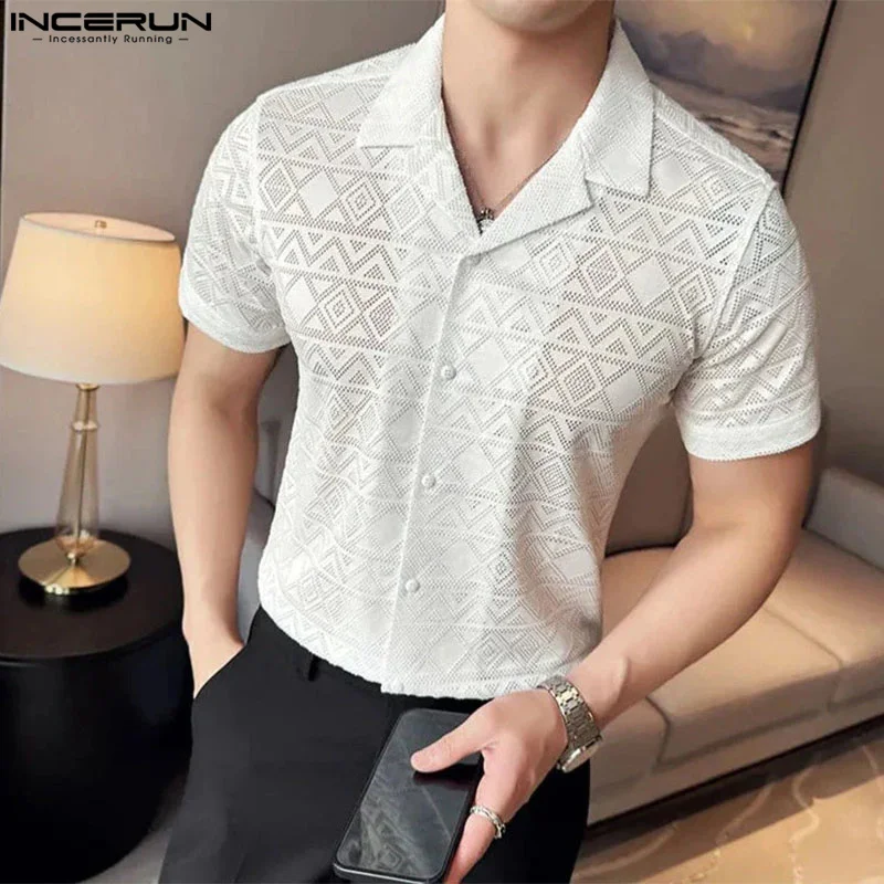 

INCERUN Tops 2024 Korean Style Men Perspective Texture Design Lace Shirt Fashion Sexy Male Thin Lapel Short Sleeved Blouse S-5XL