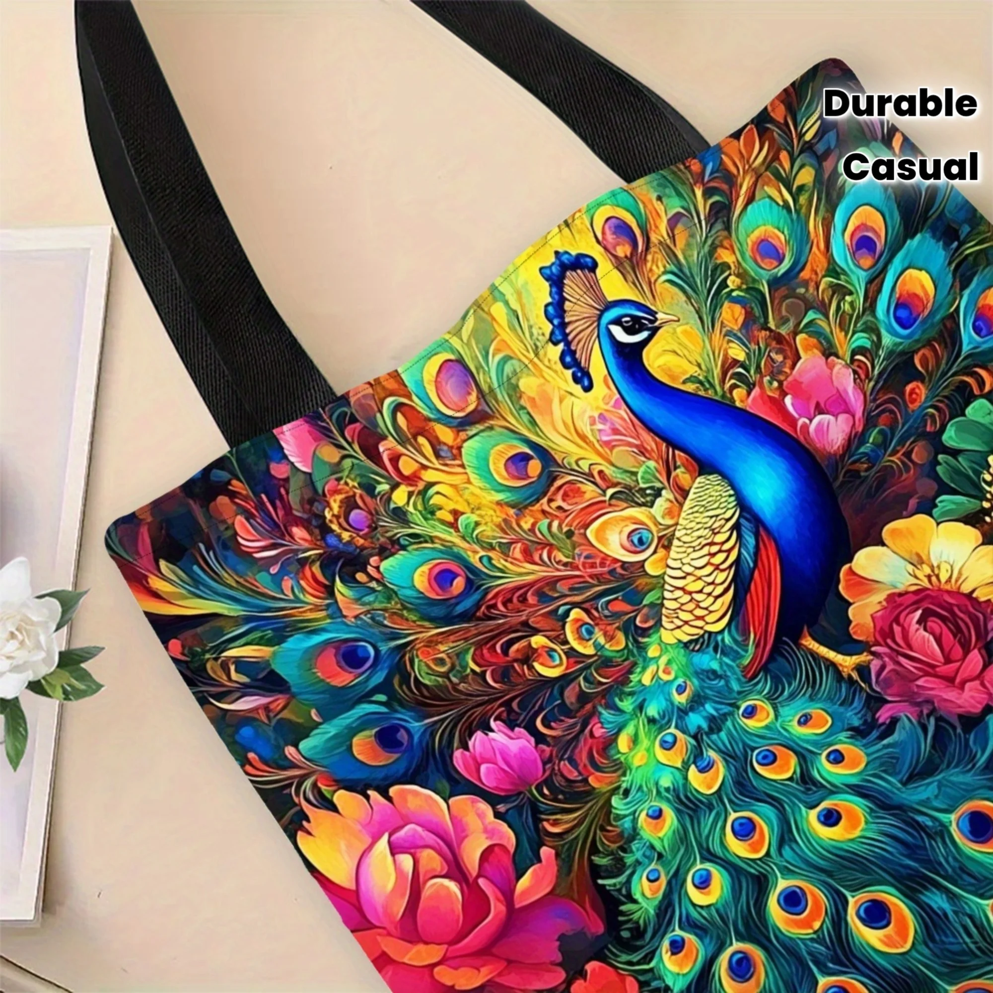 1pc Vibrant Peacock & Floral Tote Bag Colorful Multi-Functional Handbag with Black Shoulder Straps for Casual Durable 40x40cm