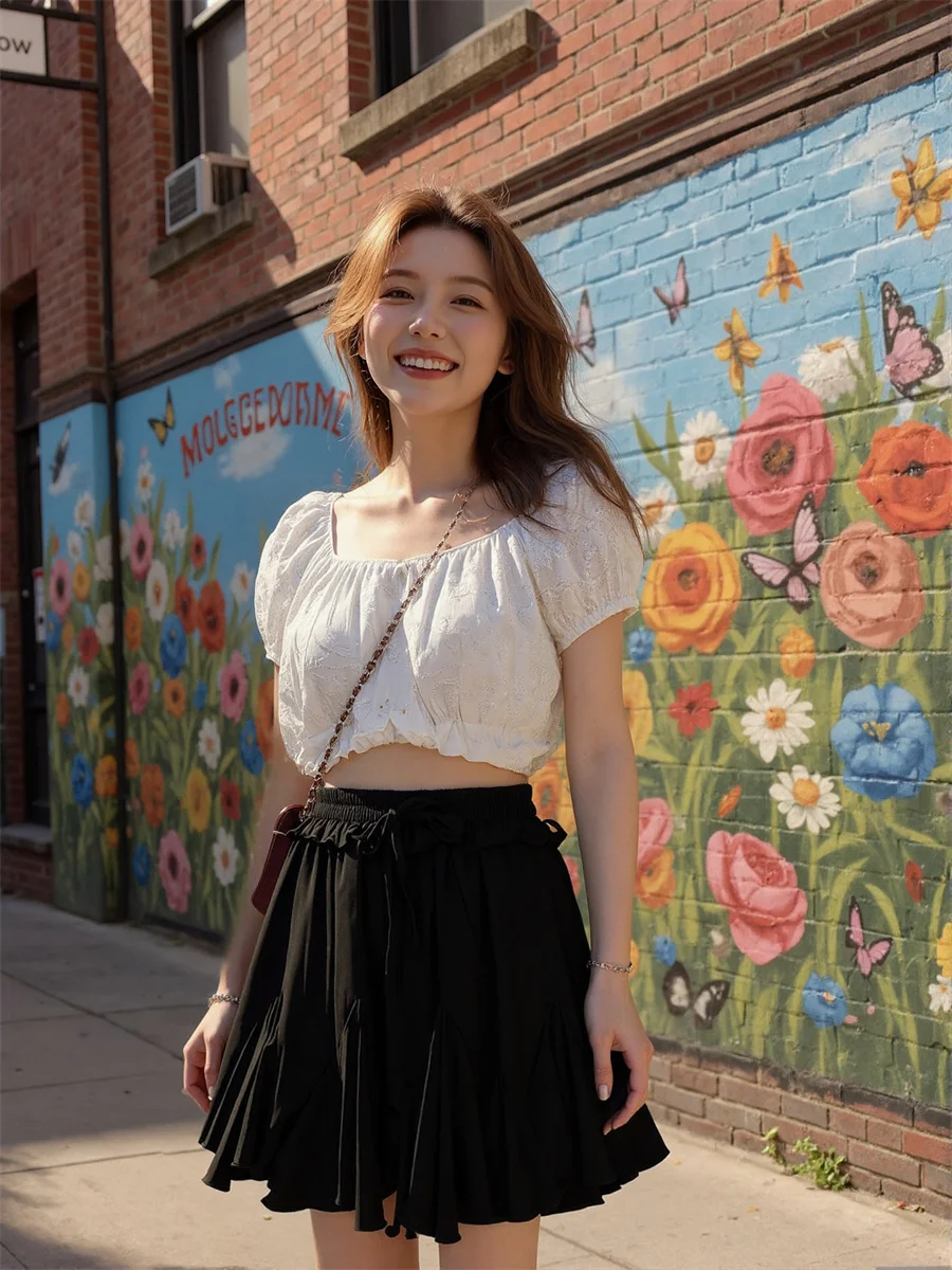 مطوي البسيطة أسود أبيض التنانير النسائية شبكة بالون الطبقات كشكش هيم مرونة الخصر الفني كلية فروي ليلة الباستيل Ins