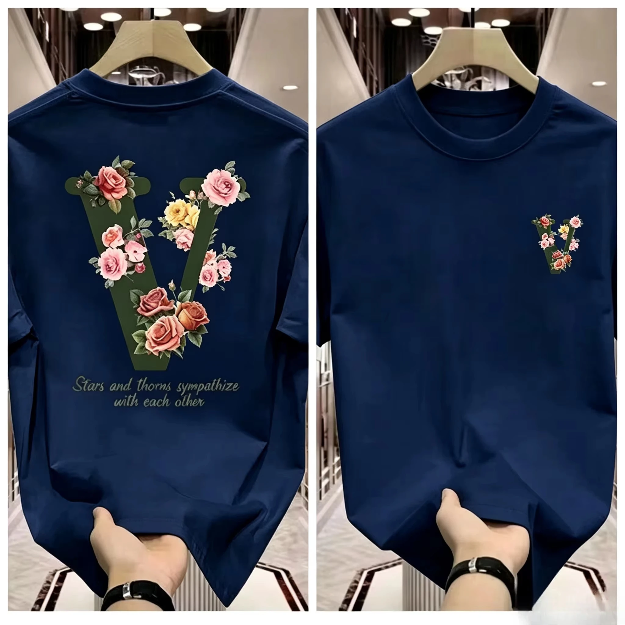 2026 V‑Shaped Floral Rose Graphic T‑Shirt Kids Adults Oversized Print Tee Aesthetic Flower Loose Short‑Sleeve Tops