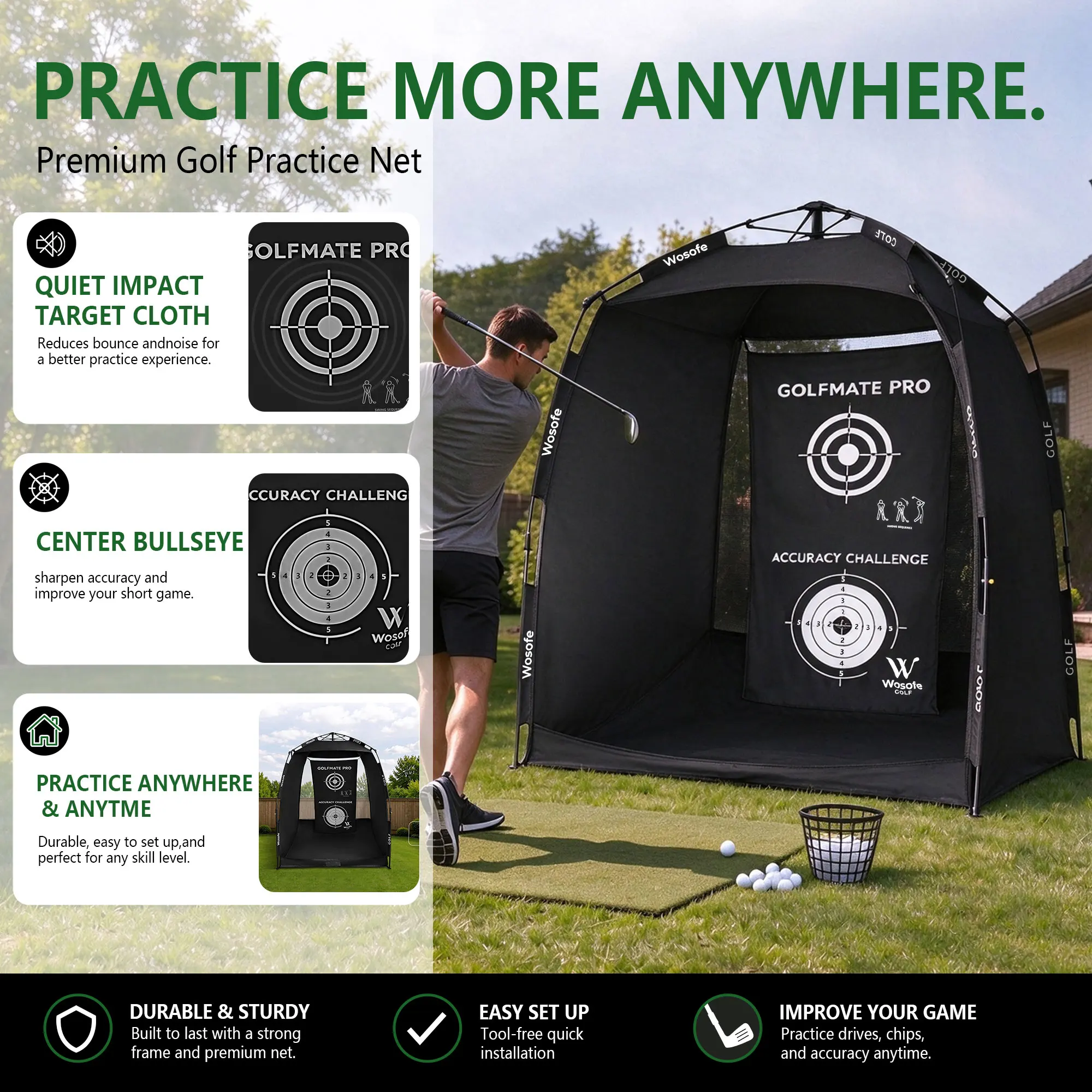 Golf Net with Practice Mat Pop Up Golf Hitting Cage 0.2m for Backyard Driving Chipping Swing Target Cloth Included Outdoor Gifts