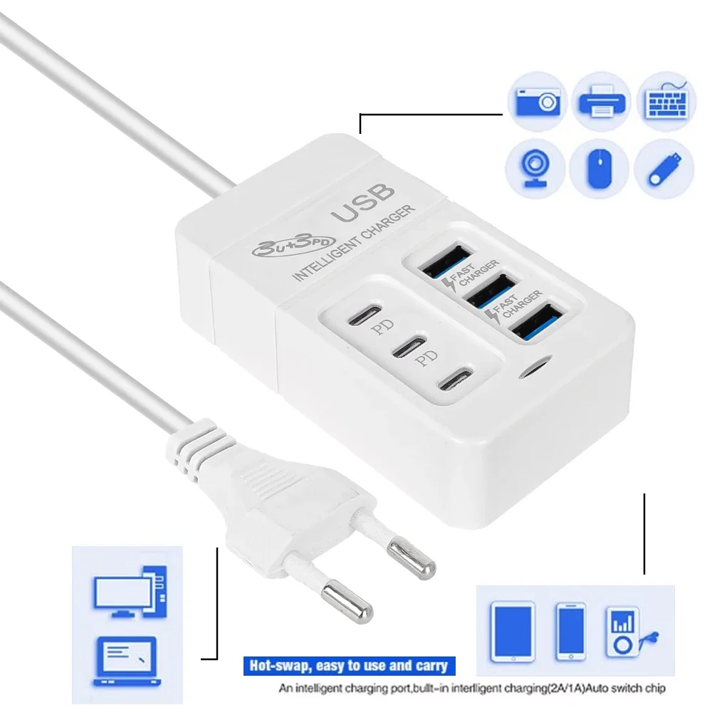 6Port USB Type C Phone Charger PD Charging Station Fast Charging USB Hub for iPhone 15 iPad Samsung Xiaomi Universal US/EU Plug