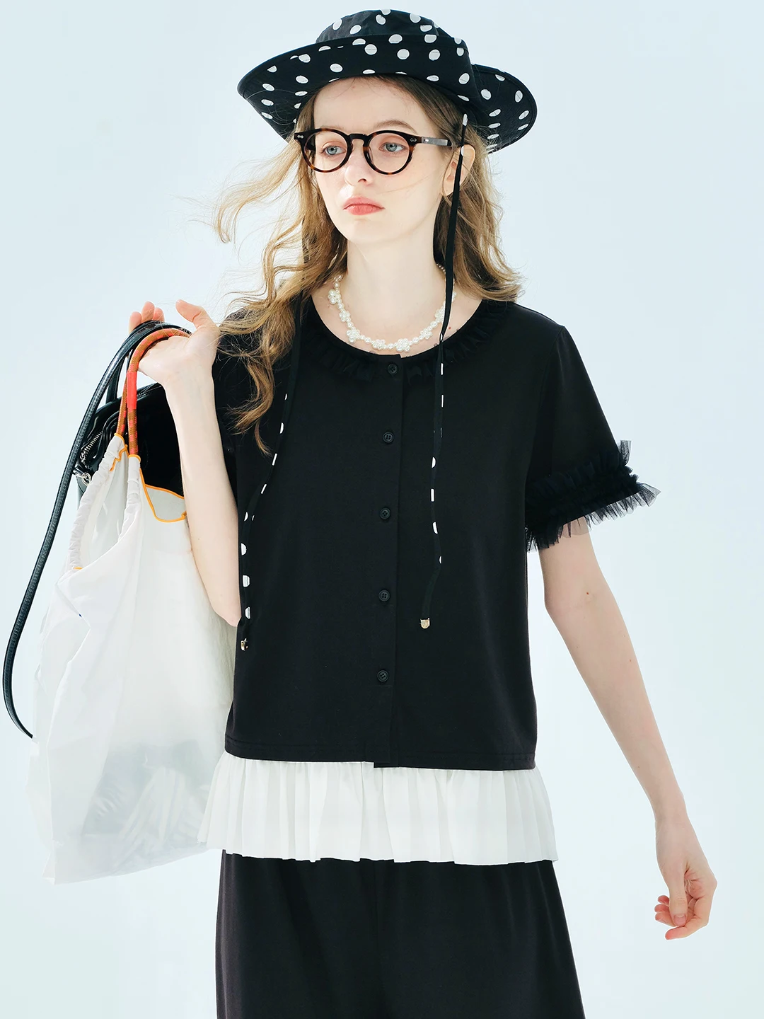 Women's Black Short Sleeve Button Up Blouse with Ruffled Mesh Trim Neckline and Cuffs Casual Loose Fit Fashion Top 255116