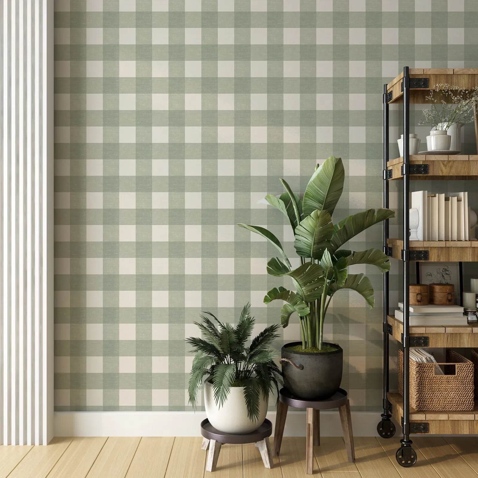 Gingham Checks Plaid Wallpaper,  Neutral Green Large Waterproof  Wallpaper Decoration Bedroom , Waterproof  Wall Stickers