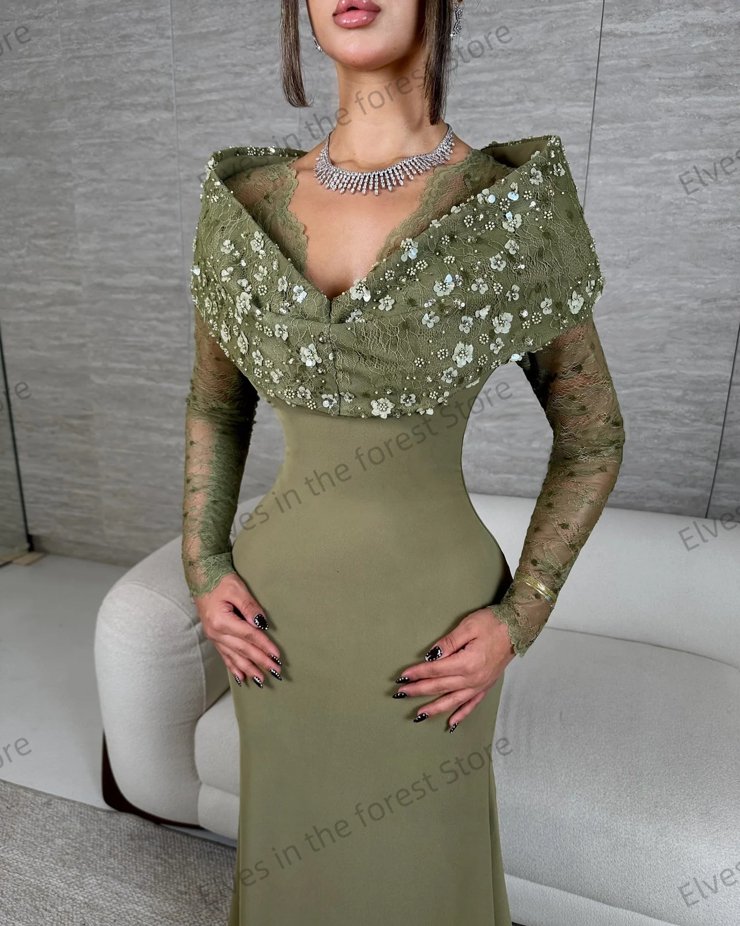 فساتين سهرة حورية البحر الخضراء العتيقة للنساء أنيقة على شكل حرف V وأكمام طويلة فساتين حفلات مخصصة بطول الأرض فساتين الزفاف