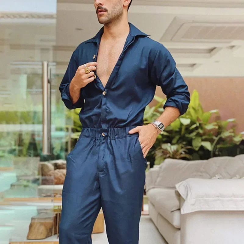 Men Jumpsuits Overalls Long Sleeve Single Breasted Button Turn Down Collar Solid Pencil Pants High Street Casual Pockets