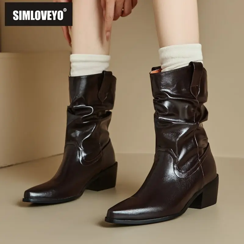 

SIMLOVEYO 2025 Модные женские ботинки до середины икры с квадратным носком на блочном каблуке 5,5 см, большие размеры 46 47 48 Сексуальная вечеринка для свиданий Bota