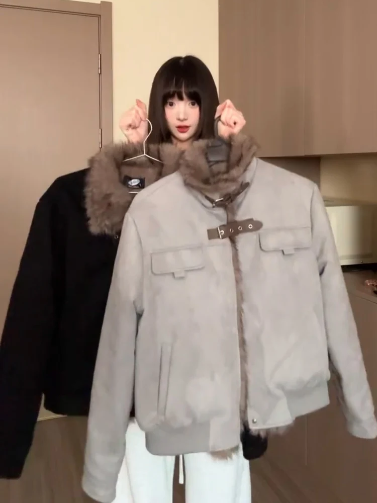 

Американское зимнее пальто-куртка унисекс из замши с воротником-стойкой из овечьего бархата, на флисовой подкладке, утепленное, свободного кроя