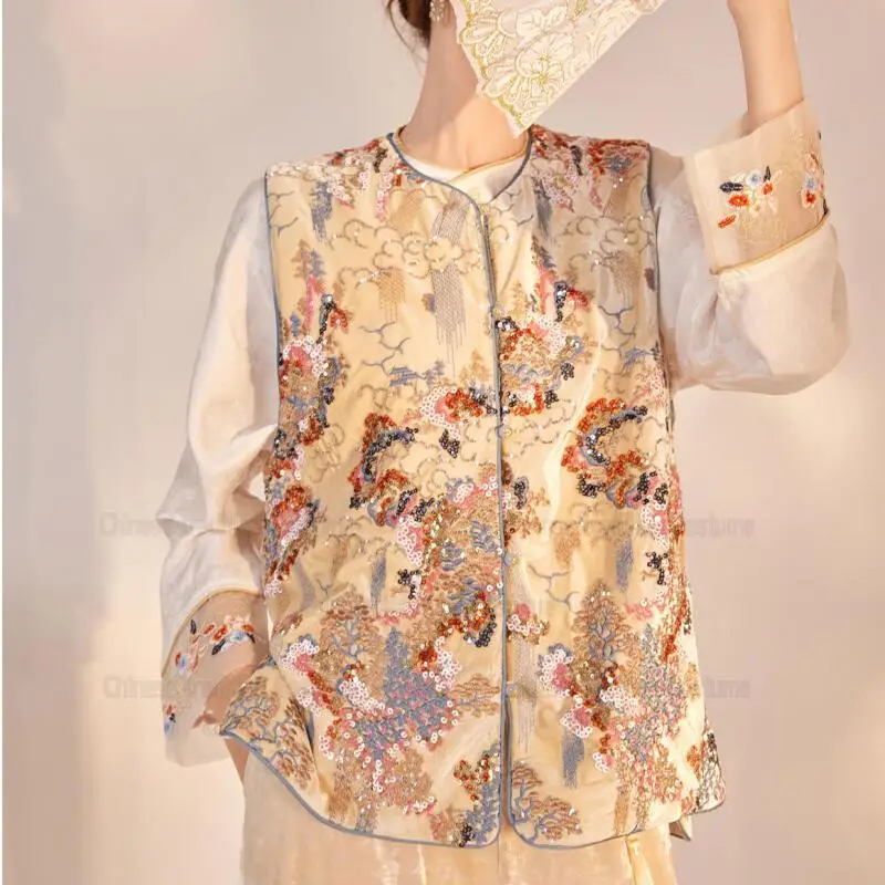 Ropa Estilo Tang Chino, Top Qipao de Lujo con Bordado de Lentejuelas, Chaleco sin Mangas, Chaqueta Hanfu Elegante para Mujer, Abrigo Chesongam Mejorado