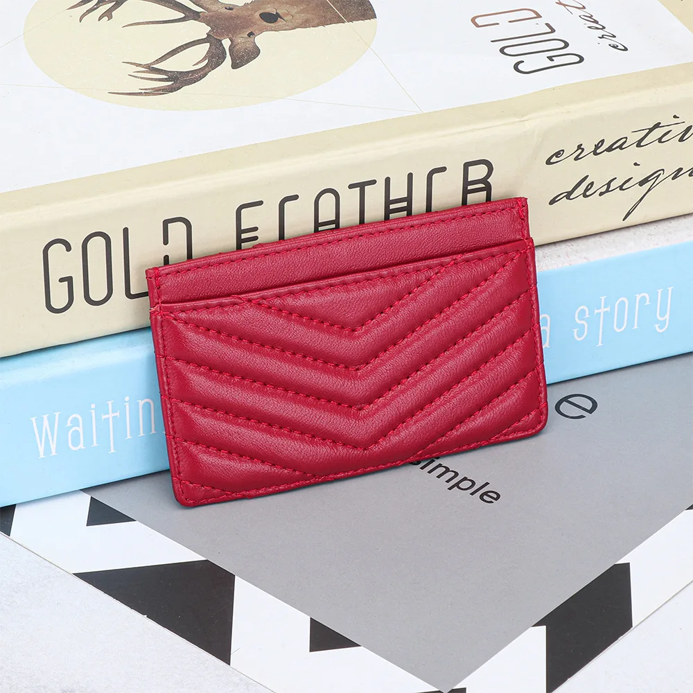 

Women's Embroidered Sheepskin Slim Card Holder Portable Ultrathin Luxury Design Quilted Card Wallet for Cards & Cash Coin Purse