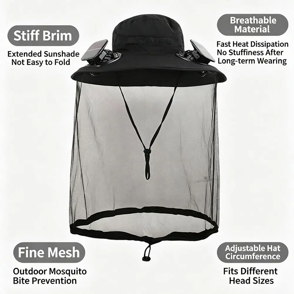 New Solar Powered Solar Fan Hat Dual Fans Wide Brim Cooling Fan Hat With Net Cooling Fans Anti-UV Sun Hat Camping