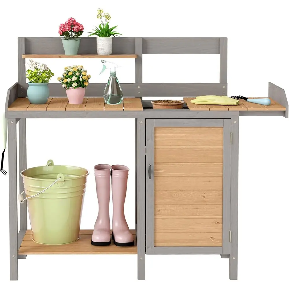 Wooden Potting Bench Table with Sink,Outdoor Garden Table Work Bench with Storage, Workstation or Outside Patio Lawn