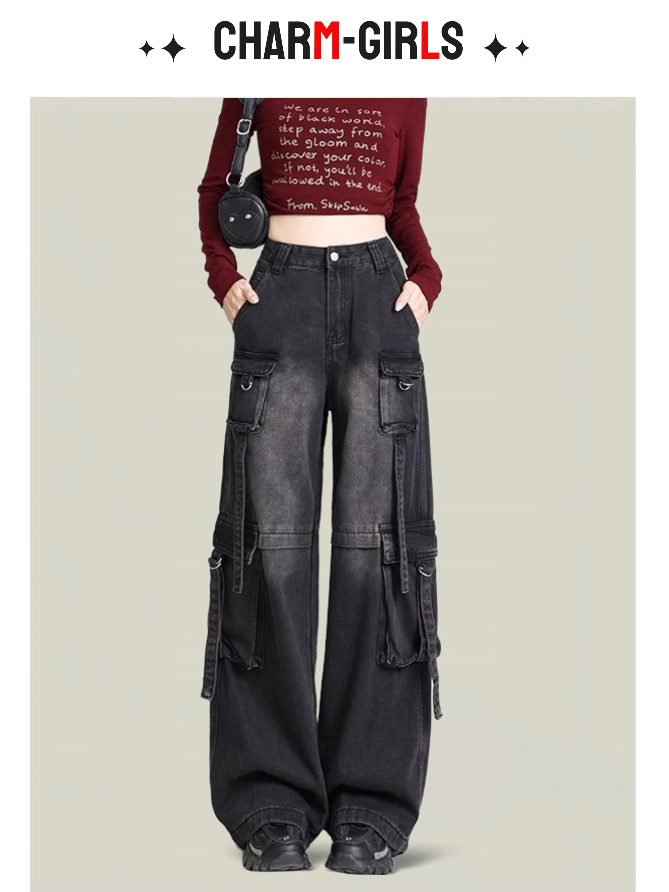 

American Sle Workwear Denim Pants Women's Spring Autumn High Street Bla Heavy Du Retro Multi ket Floor Length Wide L...