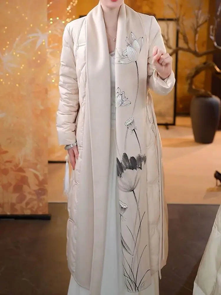Chinese stijl dikke warme donsjas 2025, herfst winter nieuwe mode elegante lange jas