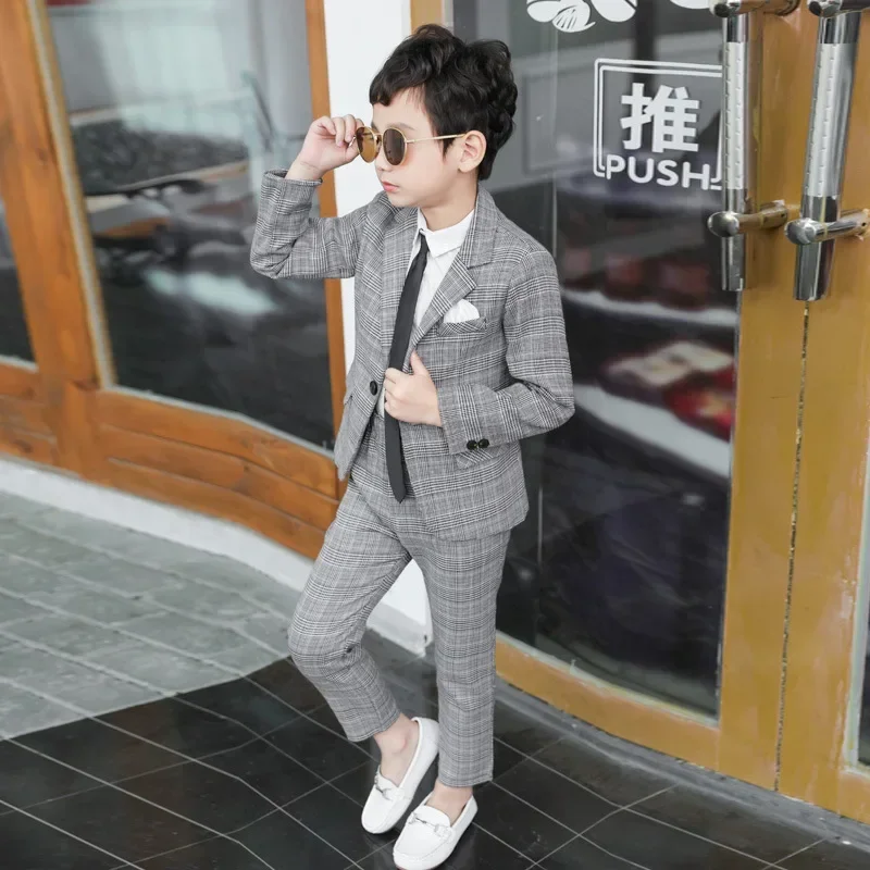 Kids Pant Blazers Set Spring Autumn New Boys Casual 2pcs Suits Jackets Plaid Single Button Children Party Wedding Clothes 3-11y