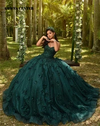 Dunkelgrünes herzförmiges Quinceanera-Kleid mit 3D-Blumen, Ballkleid, bauschiges Kleid zum 18. Geburtstag, Vestido de Charra für 15 Jahre, Azul, individuell gestaltet