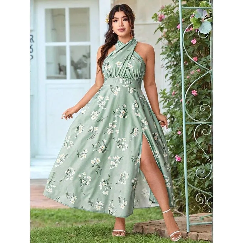 

Floral Slit Halter Dress Women's Floral Print Off-Shoulder Dress Citywalk Spring 2026 Seven-Sleeve Other Material 100%