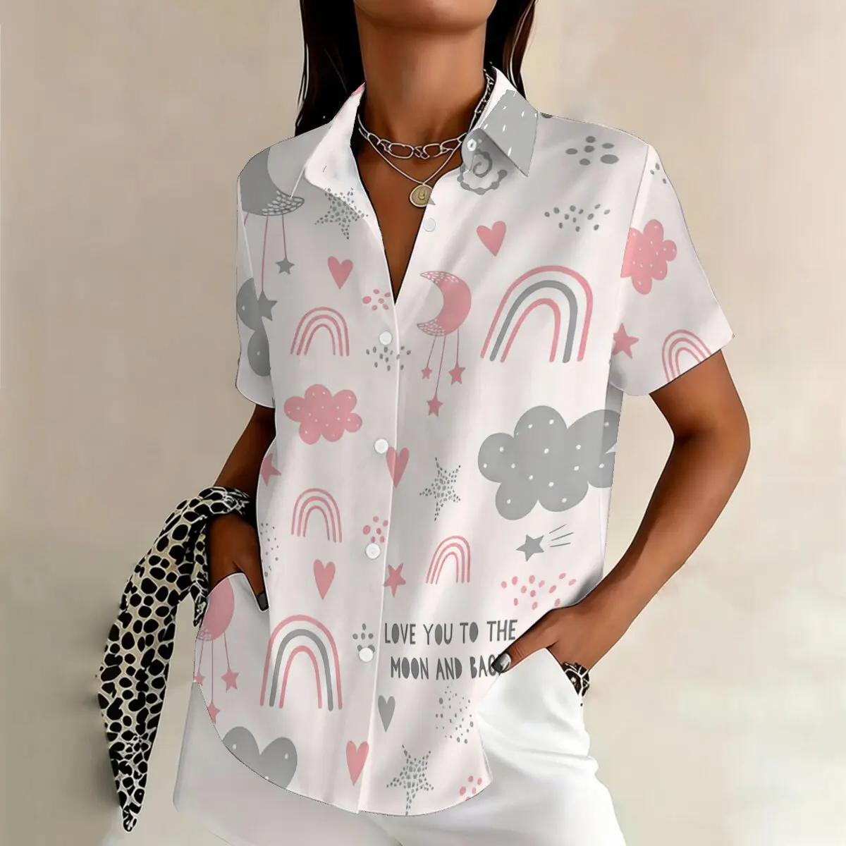 

Простая и стильная женская летняя рубашка больших размеров с радужным принтом, короткими рукавами и отложным воротником, модный универсальный топ на каждый день.
