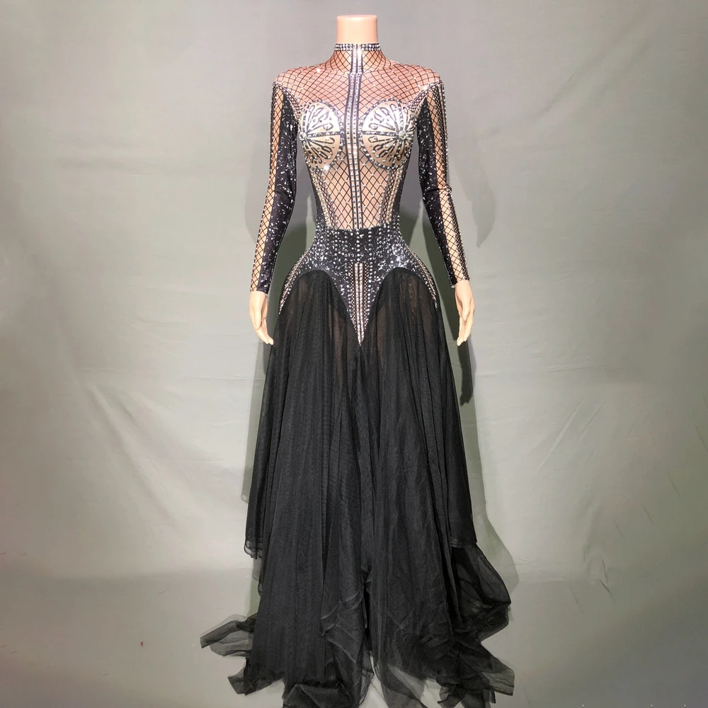 

Sparkly Rhinestones Black Mesh Long Dress for Women Stage Performance Costume Nightclub Festival Outfit