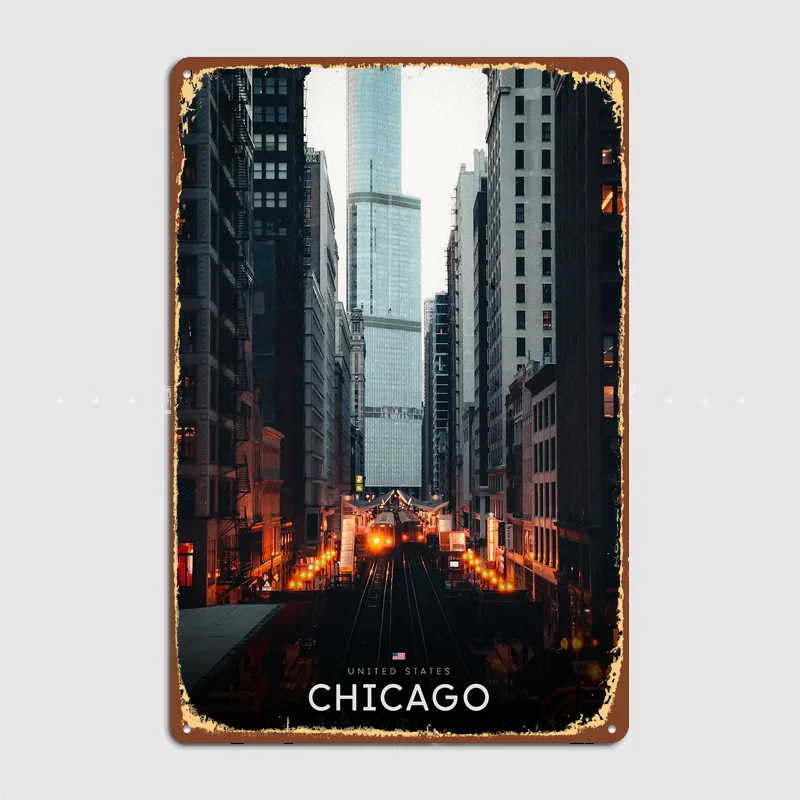 Chicago Cityscape Train Metal Custom Sign Living Room Wall Indoor Decor Room Decoration Bedroom Posters Home Decor