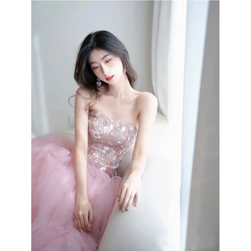 Vestido de noite romântico rosa, elegante, estampado floral, sem alças, slim, vestidos de noiva, princesa, bolo, vestido de baile, quinceanera