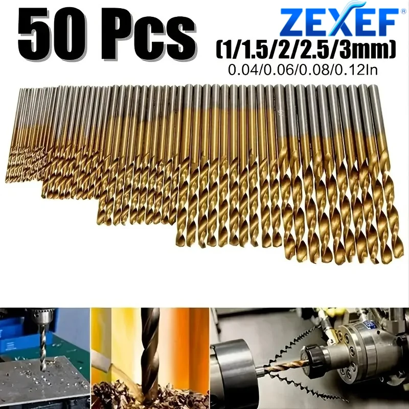ZEXEF 50pc Titanium Plated Twist Drill Set 1-3mm Small Drill Bit Electric Drill Drill Tool DIY Woodwork Drill and Open Drill Bit