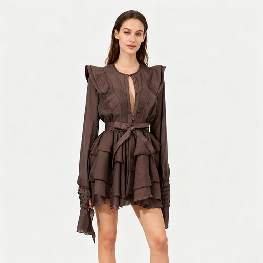 Hollow Out Slimming Spliced Folds Mini Solid Dresses For Women Round Neck Long Sleeve High Waist Temperament Dress Female