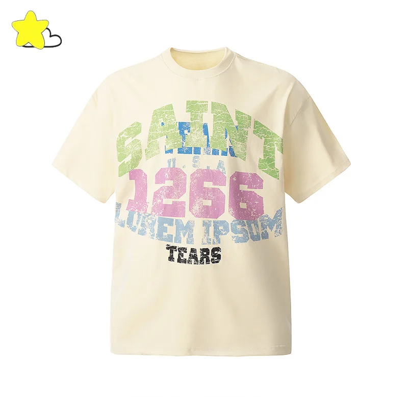 

Повседневная футболка абрикосового и белого цвета с надписью и логотипом Saint T, мужская и женская Винтажная Футболка высшего качества с потертостями, футболка с бирками