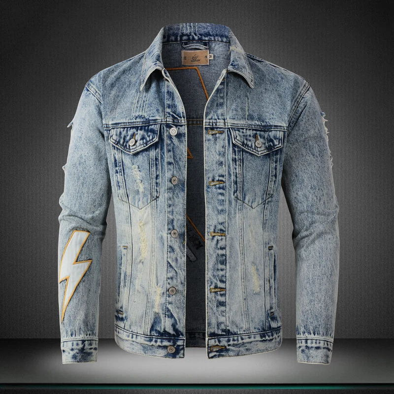 

Street Fashion Men Jacket Retro Washed Blue Flash Patched Vintage Ripped Denim Jacket Men Embroidery Designer Hip Hop Chaquetas