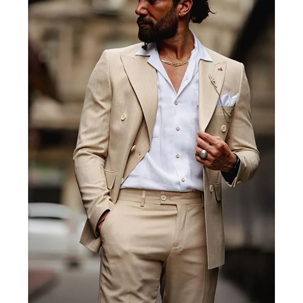 

Khaki Peaked Lapel Double Breasted Men Suits Wedding Formal Party Fashion Man Sets Banquet Sets 2 Pieces (Jacket+Pants)