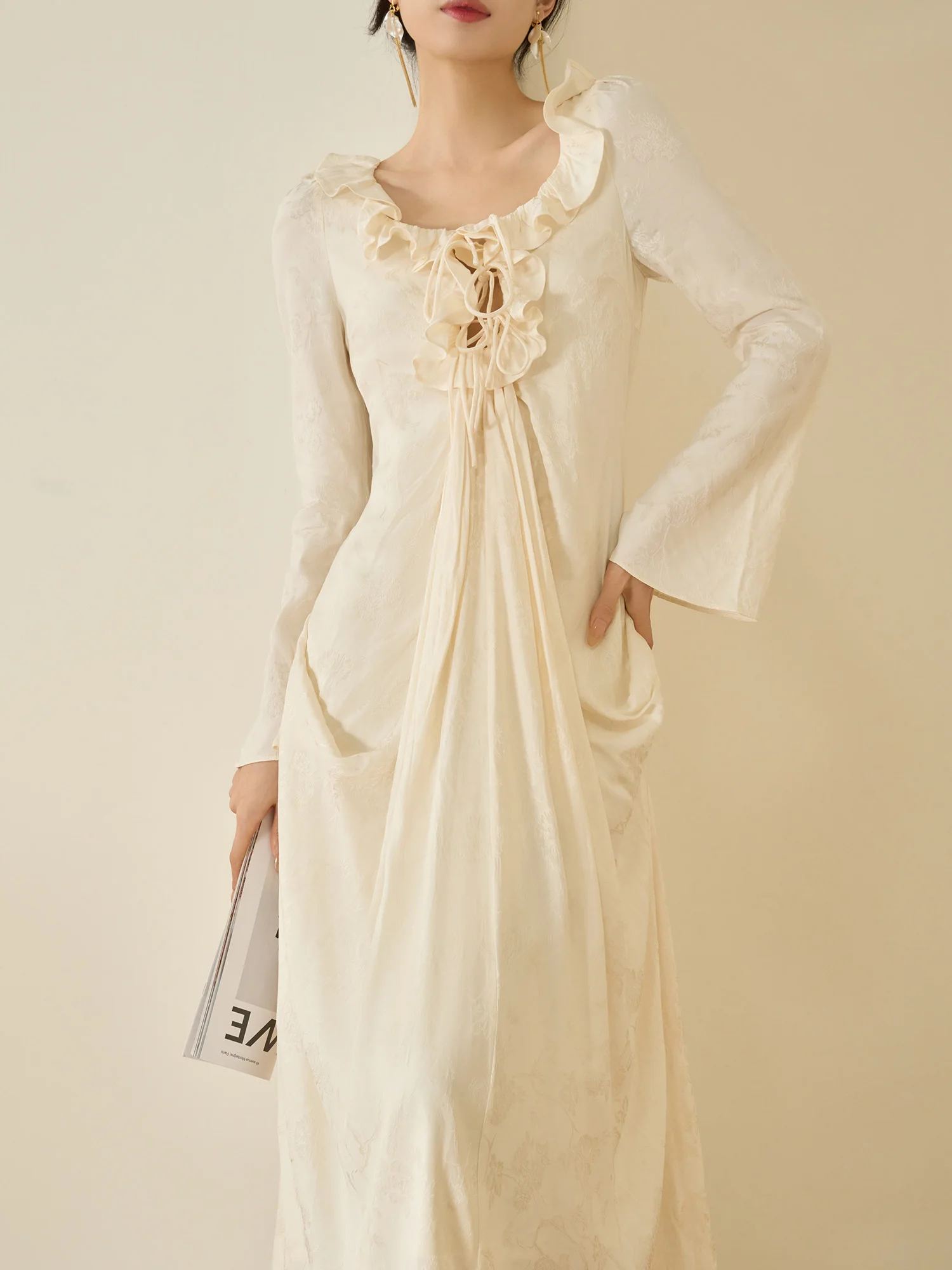 

White Women's Dr with Lace Trim And Bow French Sle Gathered Waist Long Sve A-Line Skirt Polyester Fiber Urban Commute